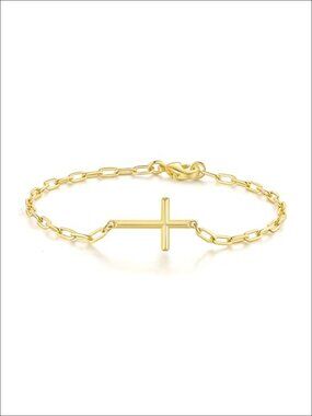 14k Gold Paperclip Chain Link Bracelet with Cross Charm for Women